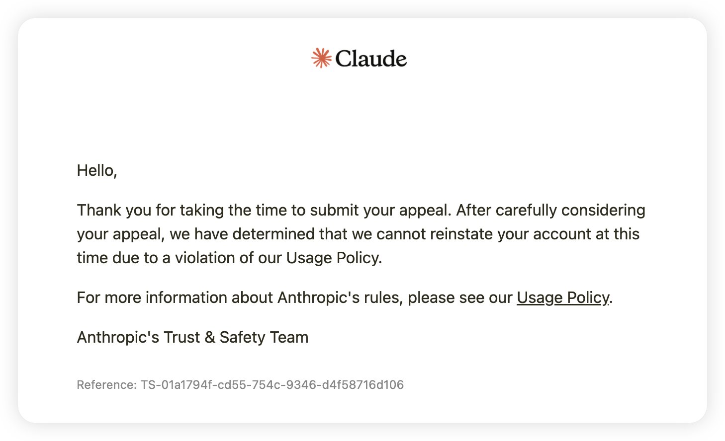 US-region Claude Pro on static IP VPS banned in under two weeks, appeal reason changed (image 2 of 2)