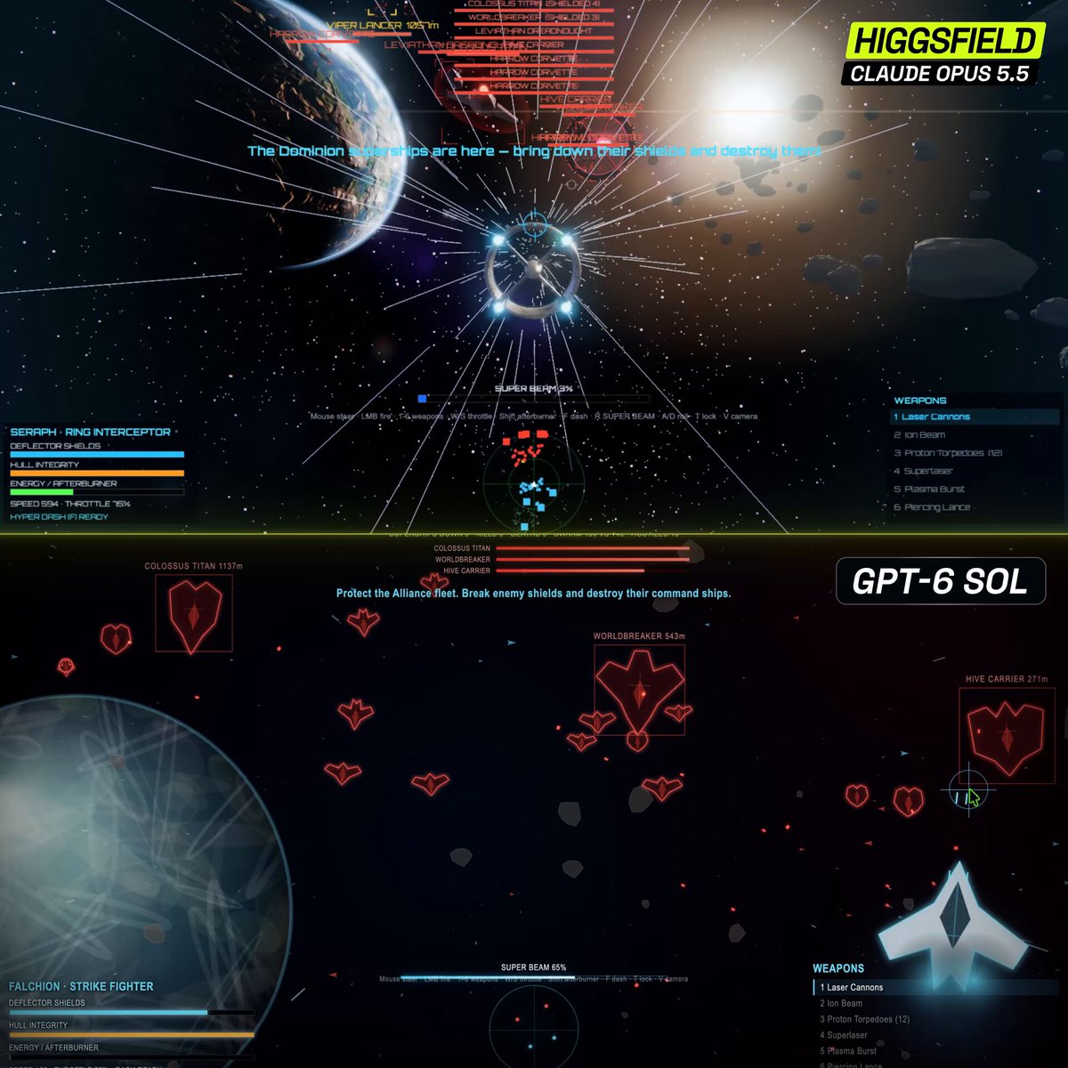 Higgsfield compares Opus 5.5 and GPT-6 Sol on 3D game development