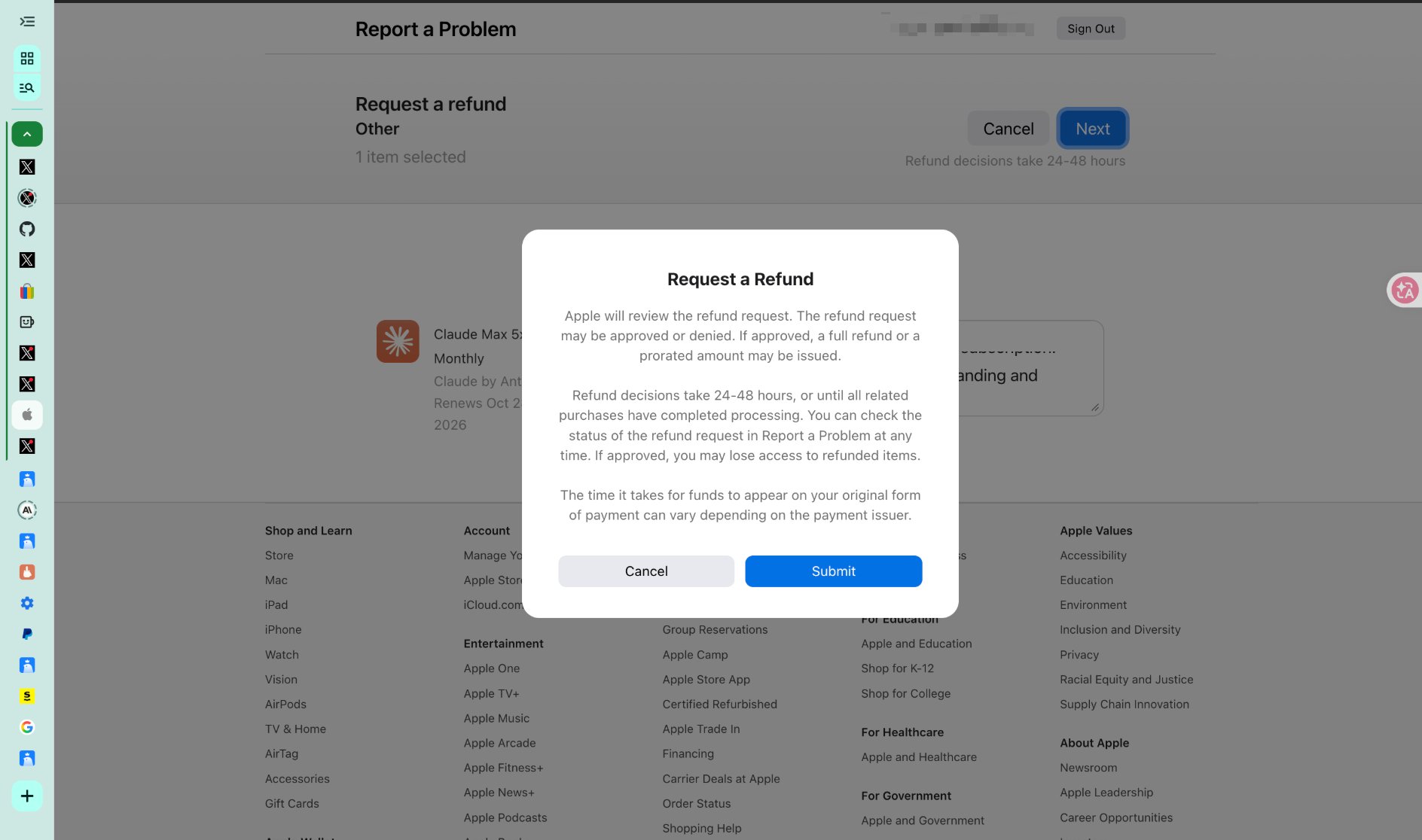 Apple refund template for banned Claude accounts