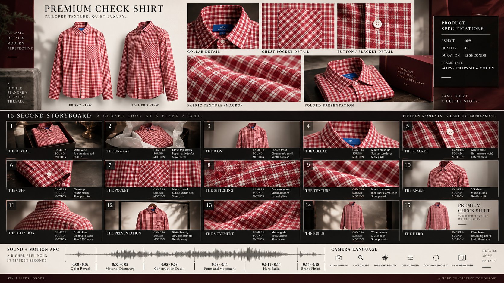 GPT Image 2.5 prompts for a luxury shirt ad storyboard and product sheet