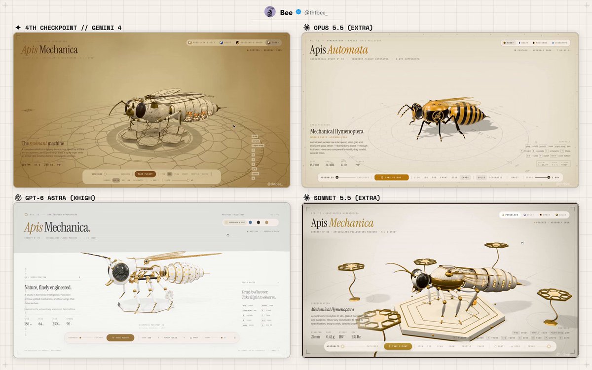 Same mechanical bee prompt compared across Gemini 4, Opus, Astra and Sonnet