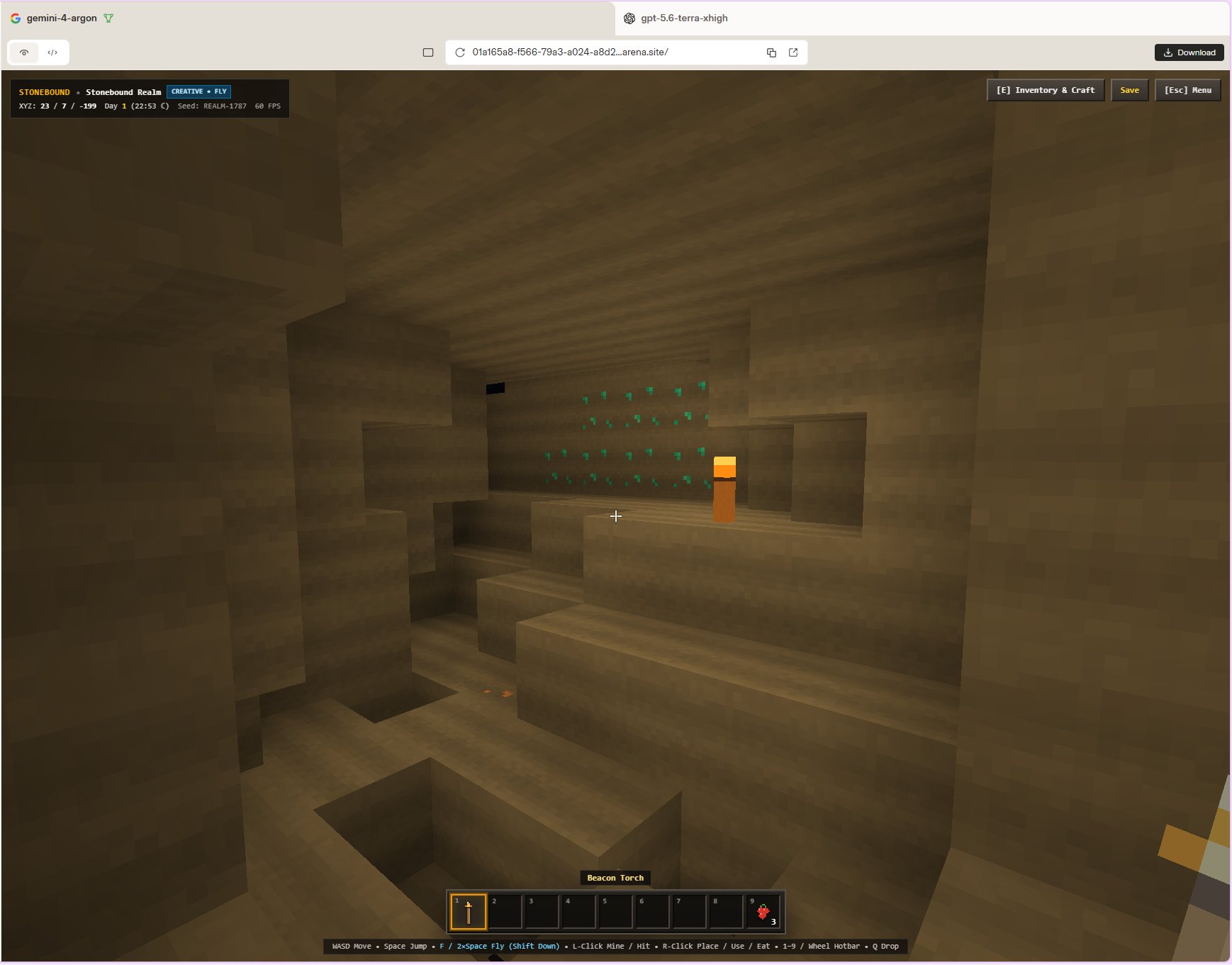 Gemini 4 Carbon, listed as gemini-4-argon in Arena, builds a Minecraft clone (image 4 of 4)