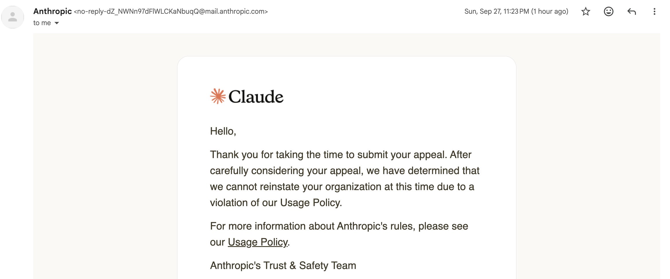 Claude account used for over a year banned with no appeal or refund, user says