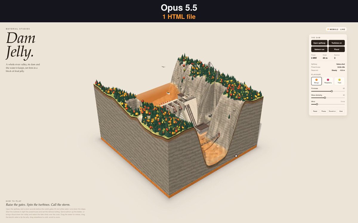 Opus 5.5 单文件 WebGL2 芒果冻水坝