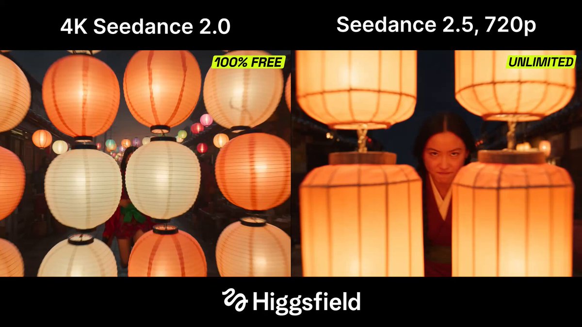 Higgsfield 对比 Seedance 2.5 720p 与 2.0 免费 4K 动作场景
