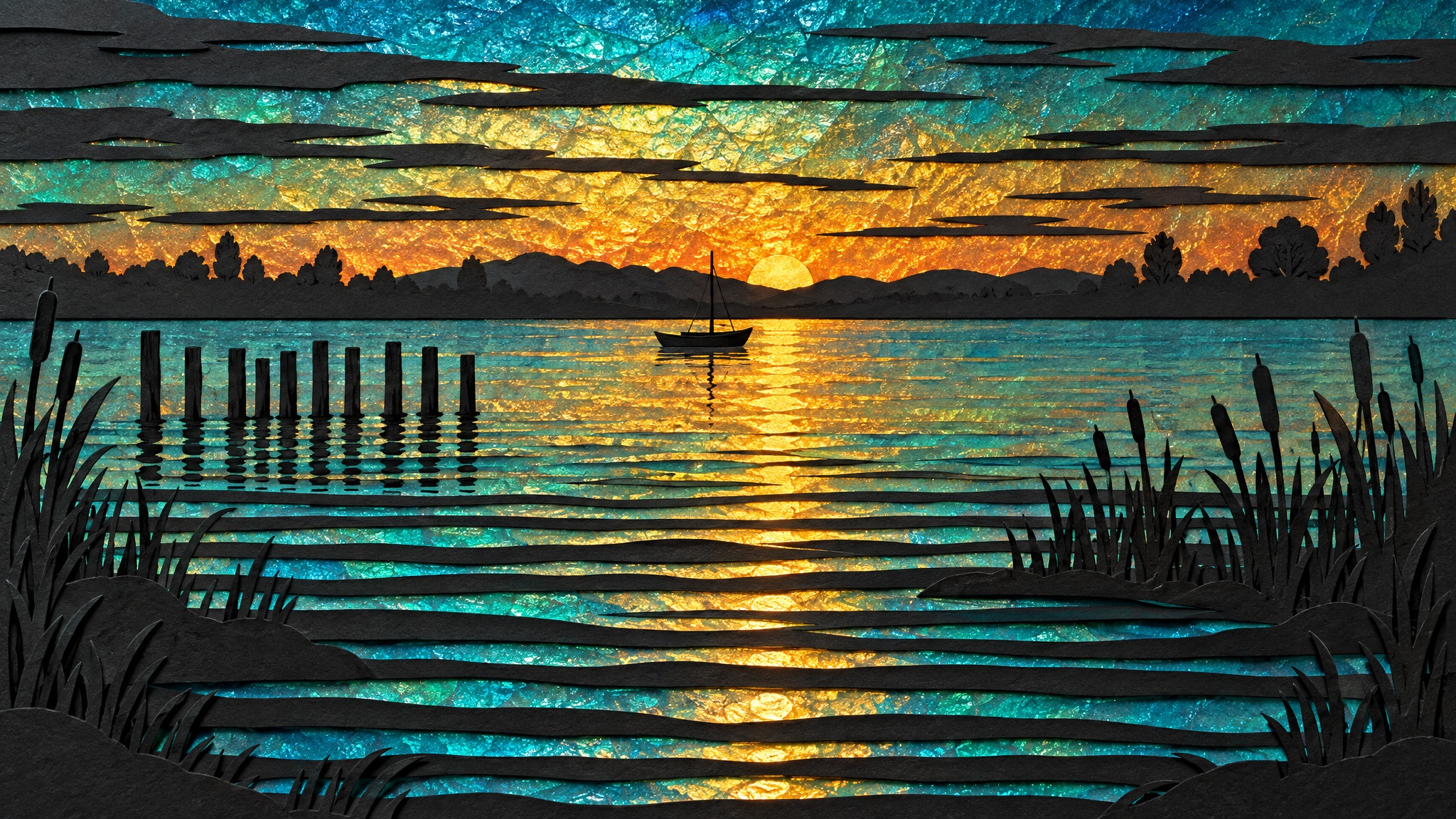 GPT Image 2.5 prompt layers black cut paper over iridescent foil for a sunset scene (image 2 of 2)