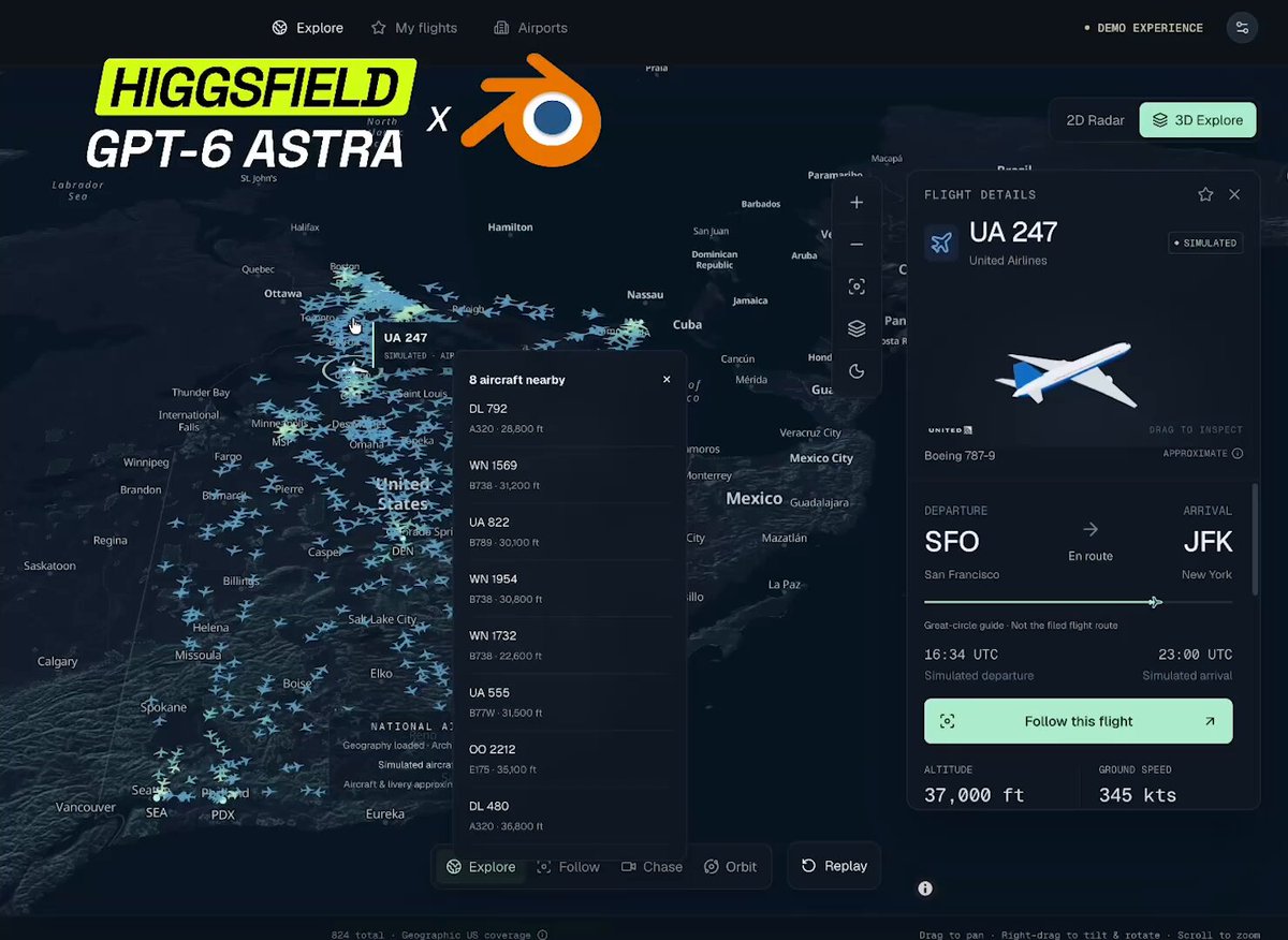Higgsfield 官方演示 40 分钟做出交互式航班地图