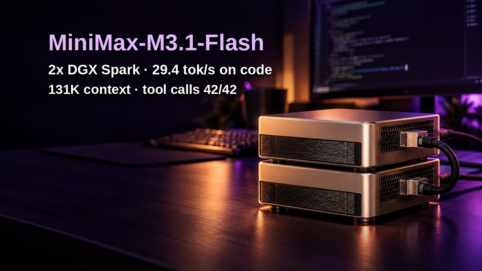 两台 DGX Spark 跑 M3.1 Flash：代码 29.4 tok/s，约为 DeepSeek 三分之一