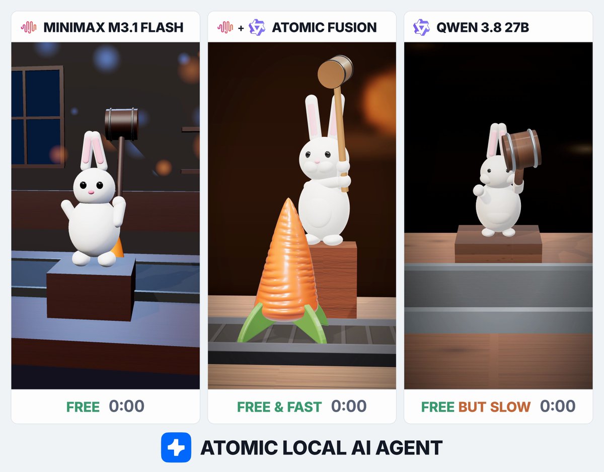 Atomic Agent test: local Qwen 3.8 27B plans, MiniMax M3.1 Flash codes a 3D scene in 8 minutes