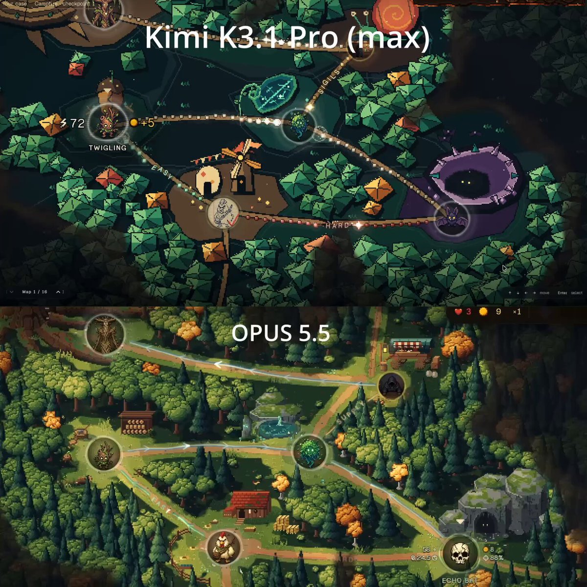 Kimi K3.1 Pro vs Opus 5.5 on procedural pixel art