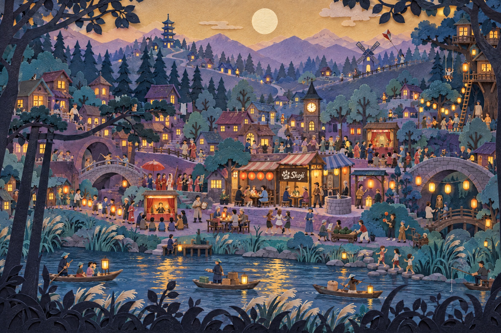 GPT Image 2.5 layered paper-cut night forest hidden-cat puzzle