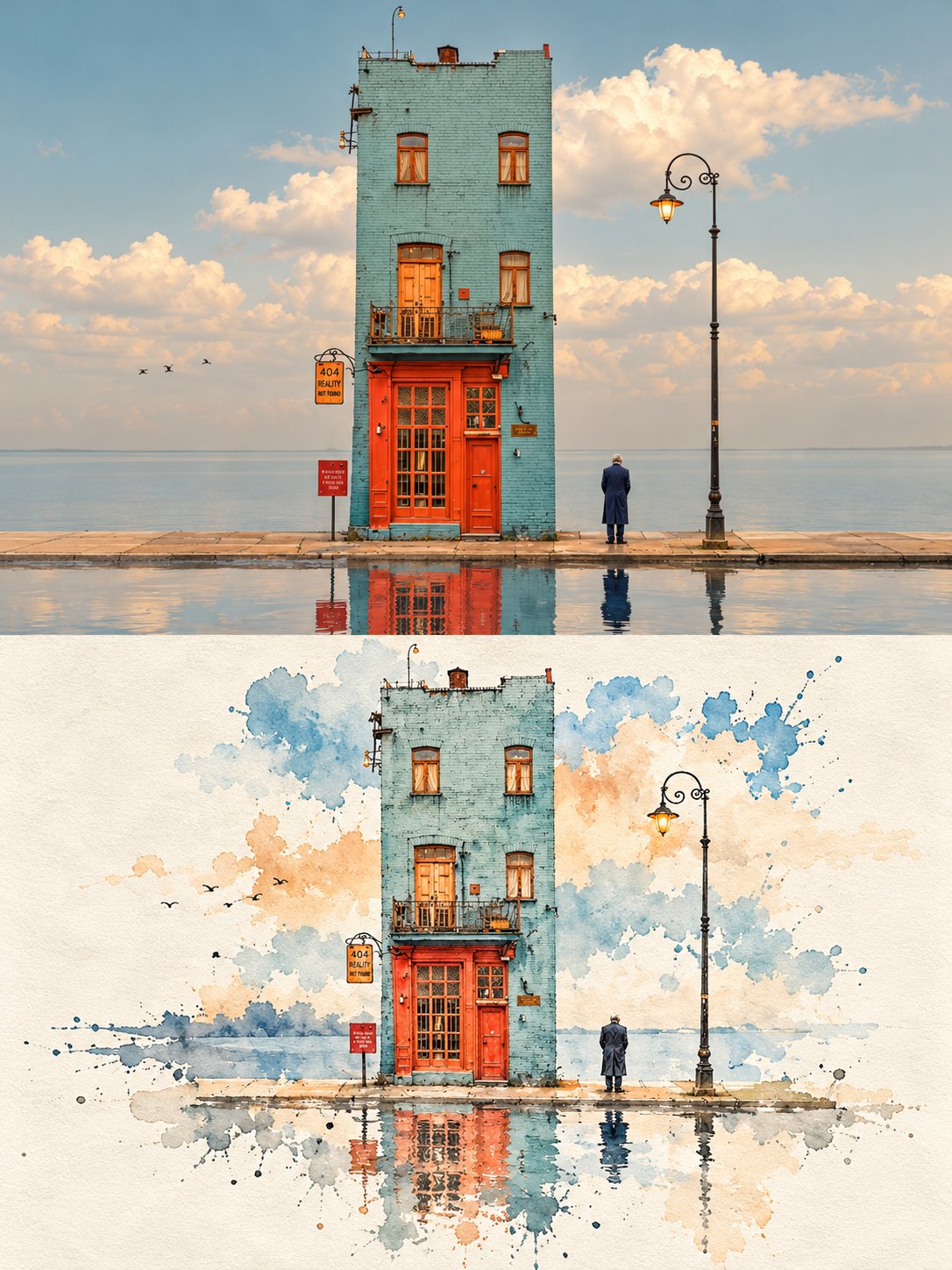 GPT Image 2.5 prompt splits an image: photo on top, minimalist ink wash below