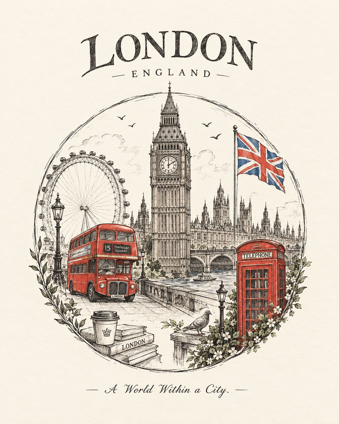 GPT Image 2.5 prompt: vintage circular travel emblem illustration
