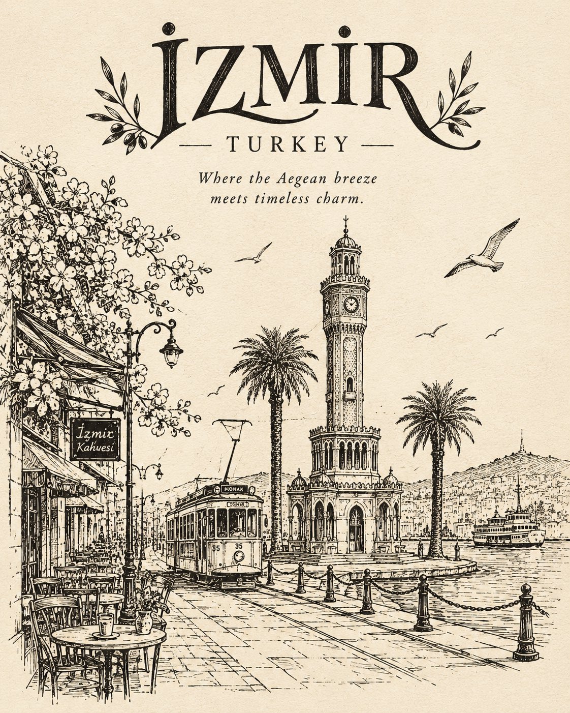 GPT Image 2.5 prompt: vintage hand-drawn city landmark illustration (image 1 of 3)