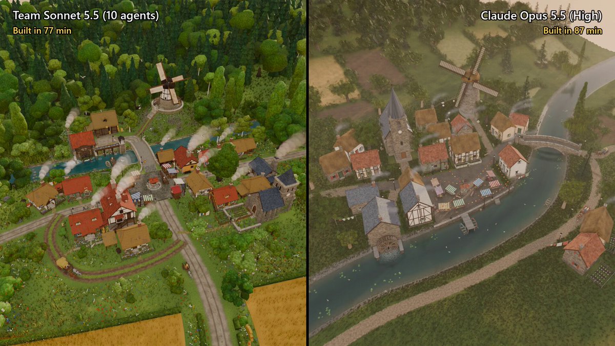 Opus 5.5 solo vs 10 Sonnet 5.5 agents: cozy village Blender animation