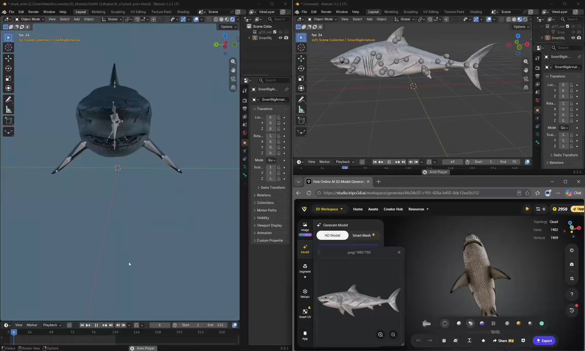 Tripo 建模加 Opus 5.5 经 Blender MCP 做鲨鱼骨骼动画