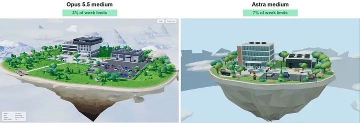 Opus 5.5 vs Astra on a 3D floating-island HQ benchmark