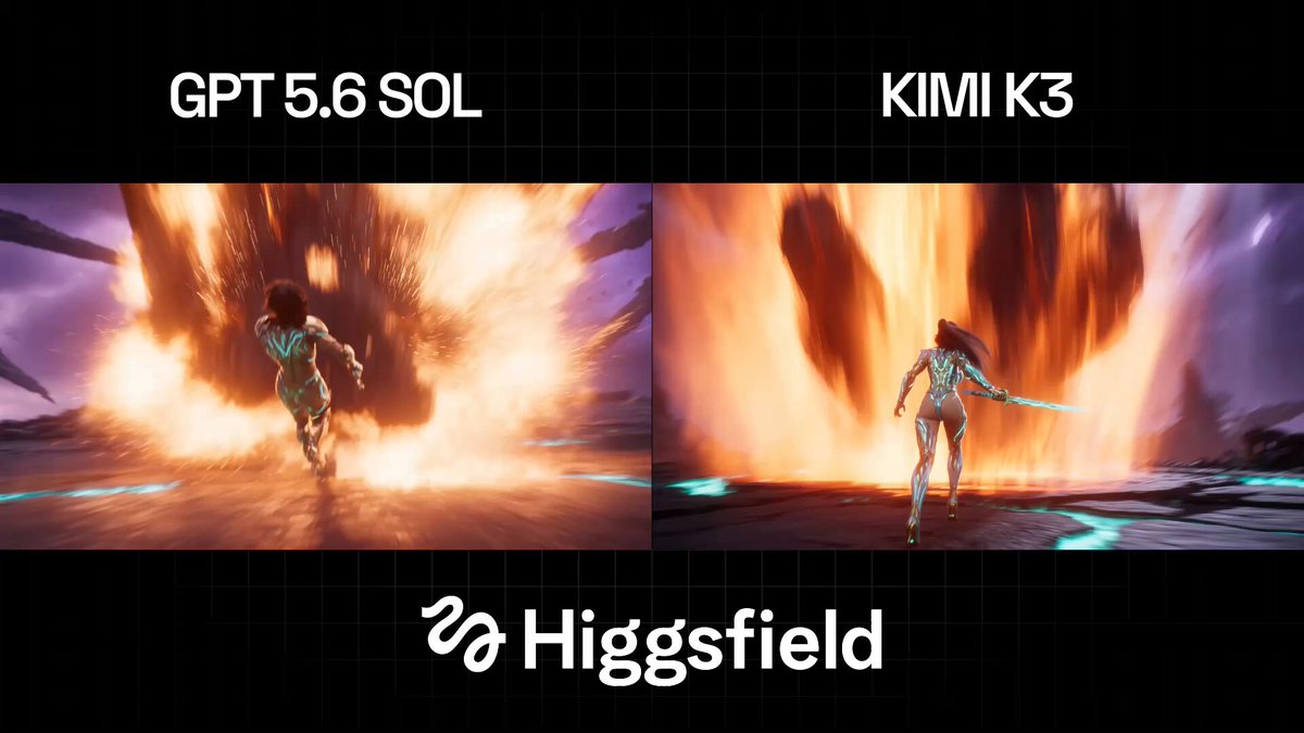 Higgsfield 对比 Kimi K3 与 GPT 5.6 Sol 的熔岩巨人场景