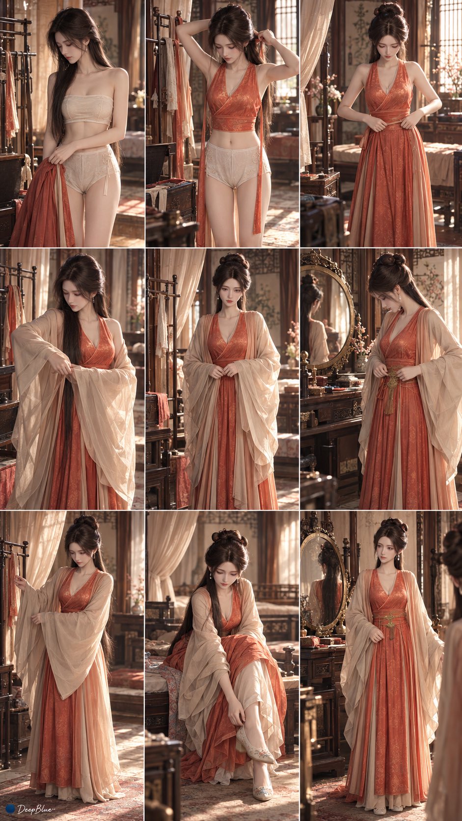 GPT Image 2.5 prompt builds a 3x3 grid of a woman dressing in Tang-style robes