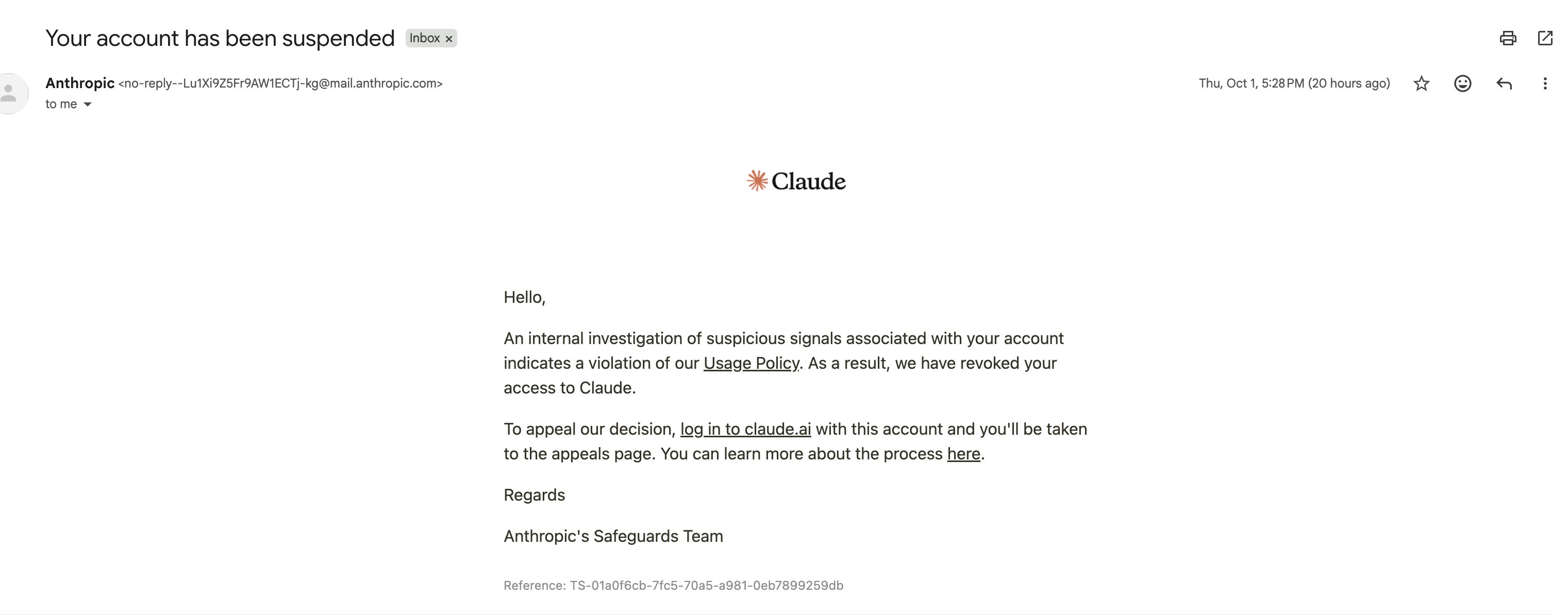 Claude account banned mid-task right after gift card renewal, user says