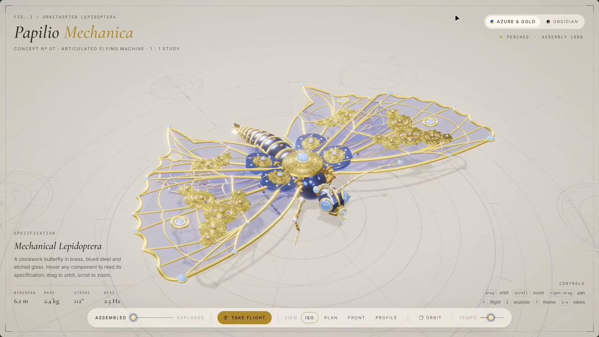 Gemini 4 Pro 用 three.js 生成机械蝴蝶