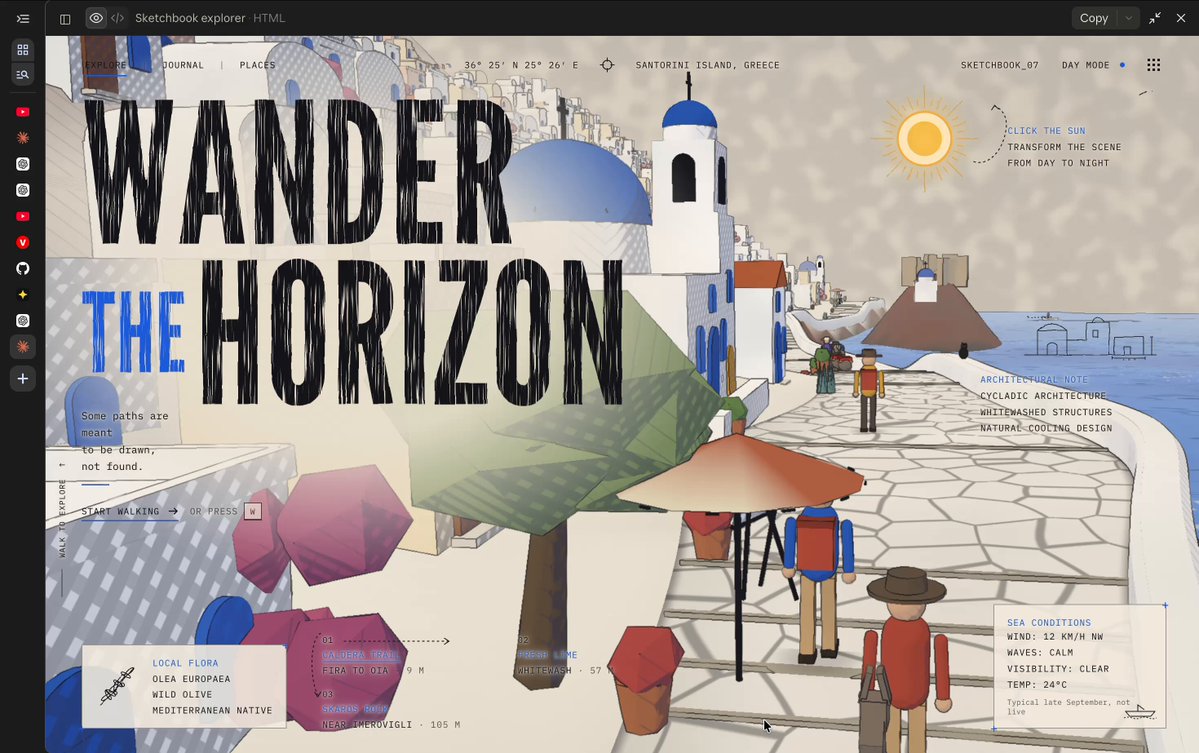 Claude Opus 5.5 generates an endless 3D sketch-style Santorini island