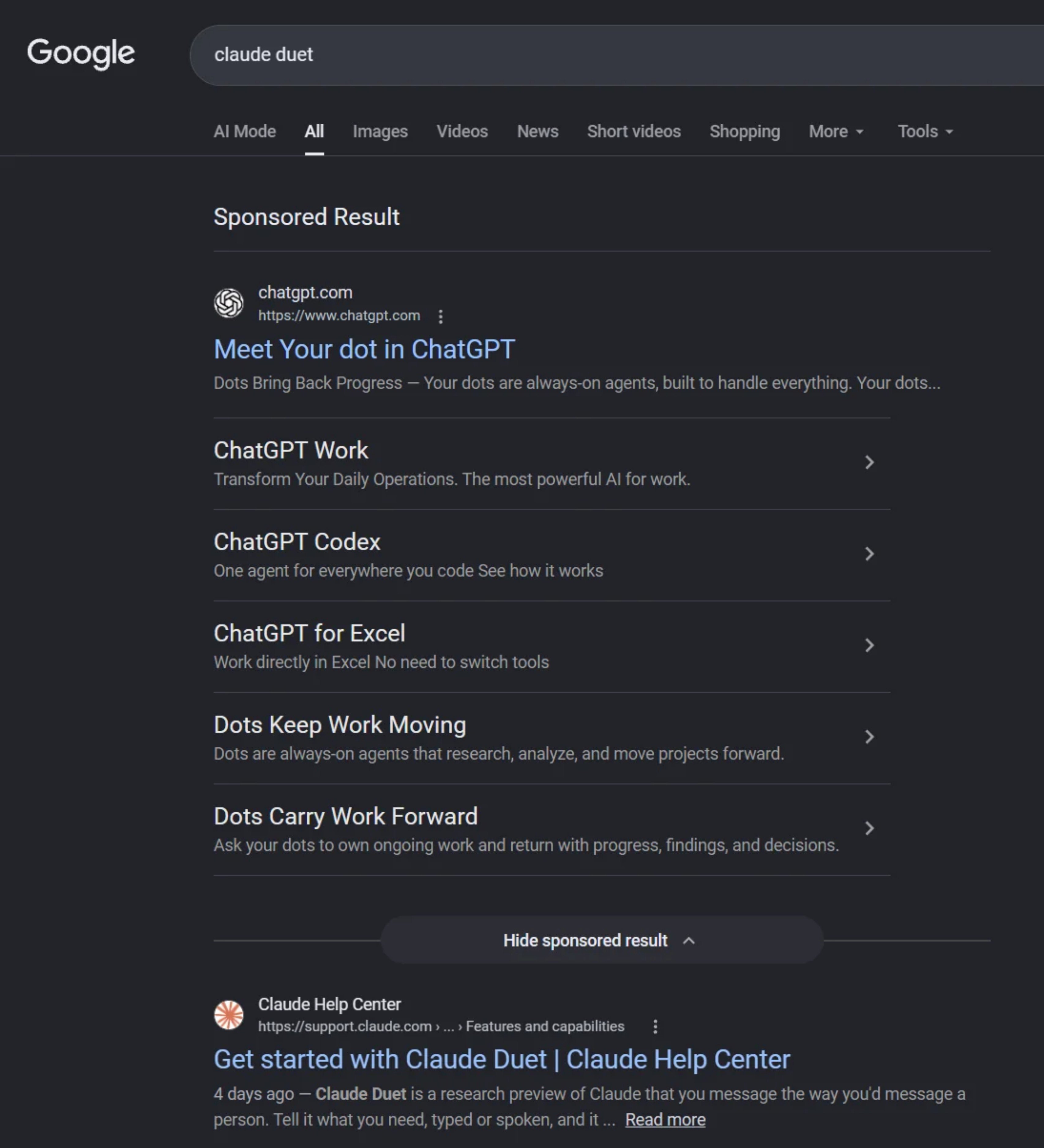 Screenshot of Google results for "claude duet"