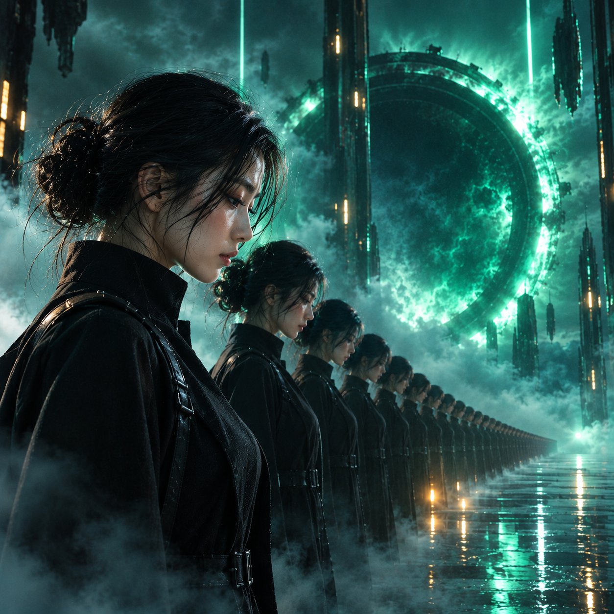 GPT Image 2.5 sci-fi still prompt: infinite clones in fog