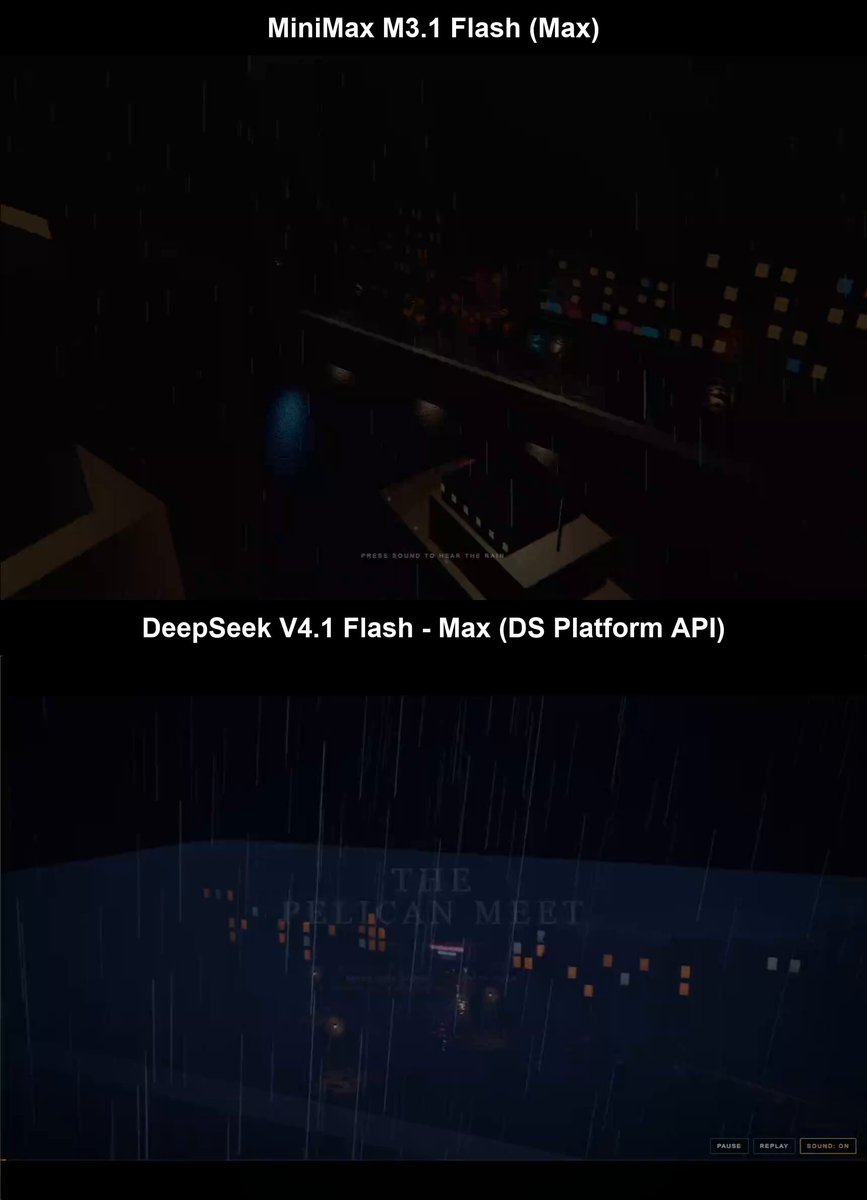 Pelican Mafia test: MiniMax M3.1 Flash max takes 2h24m and 76.3M tokens vs DeepSeek V4.1 Flash's 41 minutes