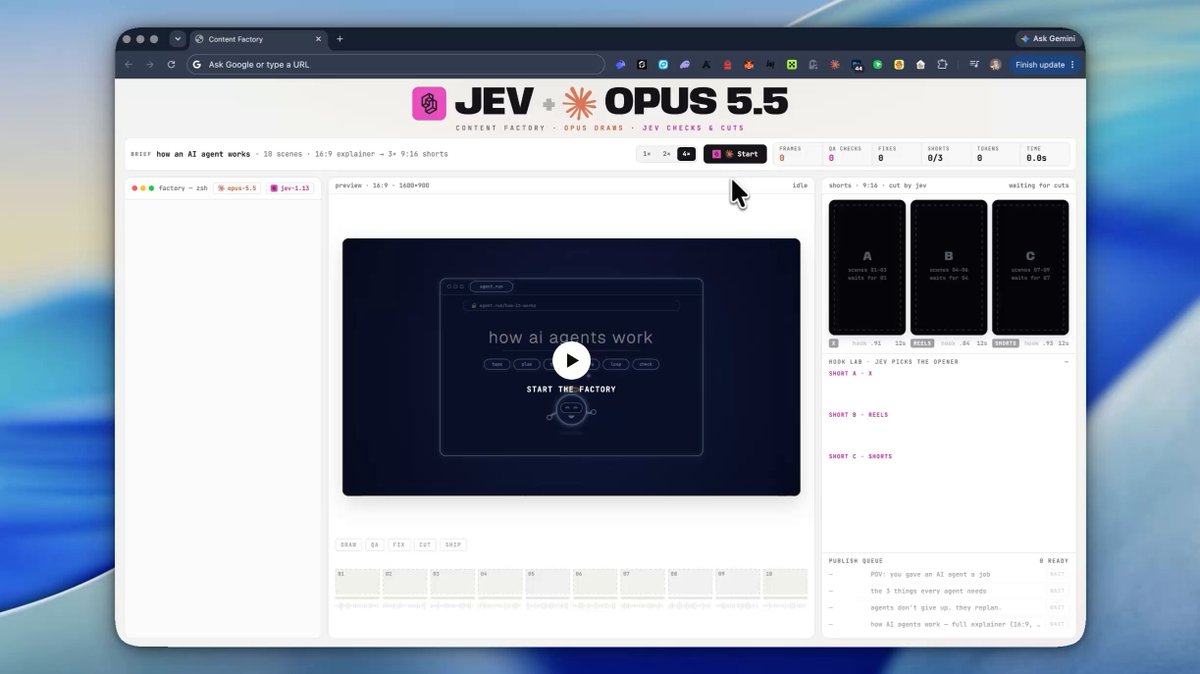 JEV and Opus 5.5 pipeline ships one long and three short videos in 48 seconds