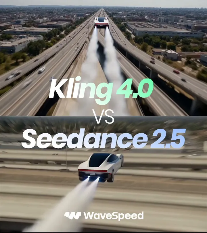 Kling 4.0 vs Seedance 2.5: same flying-roadster prompt, side-by-side