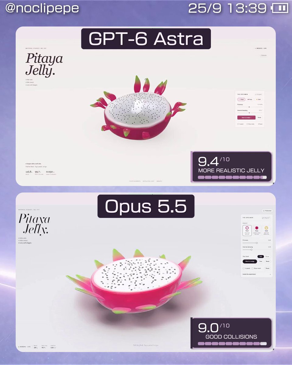 GPT-6 Astra vs Opus 5.5: interactive jelly dragon fruit compared