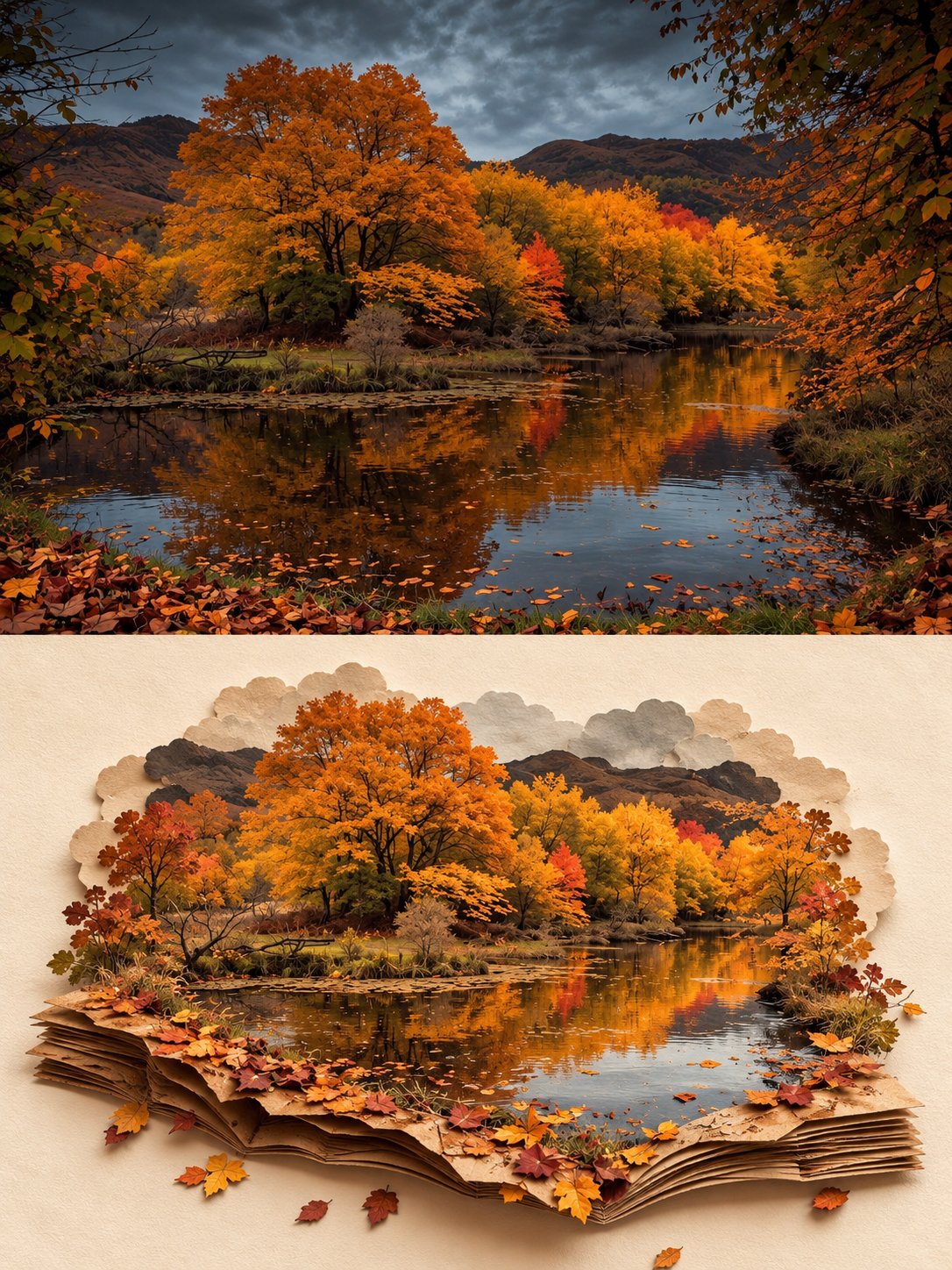 GPT Image 2.5 prompt: split-frame "Second World" paper-art poster (image 2 of 2)