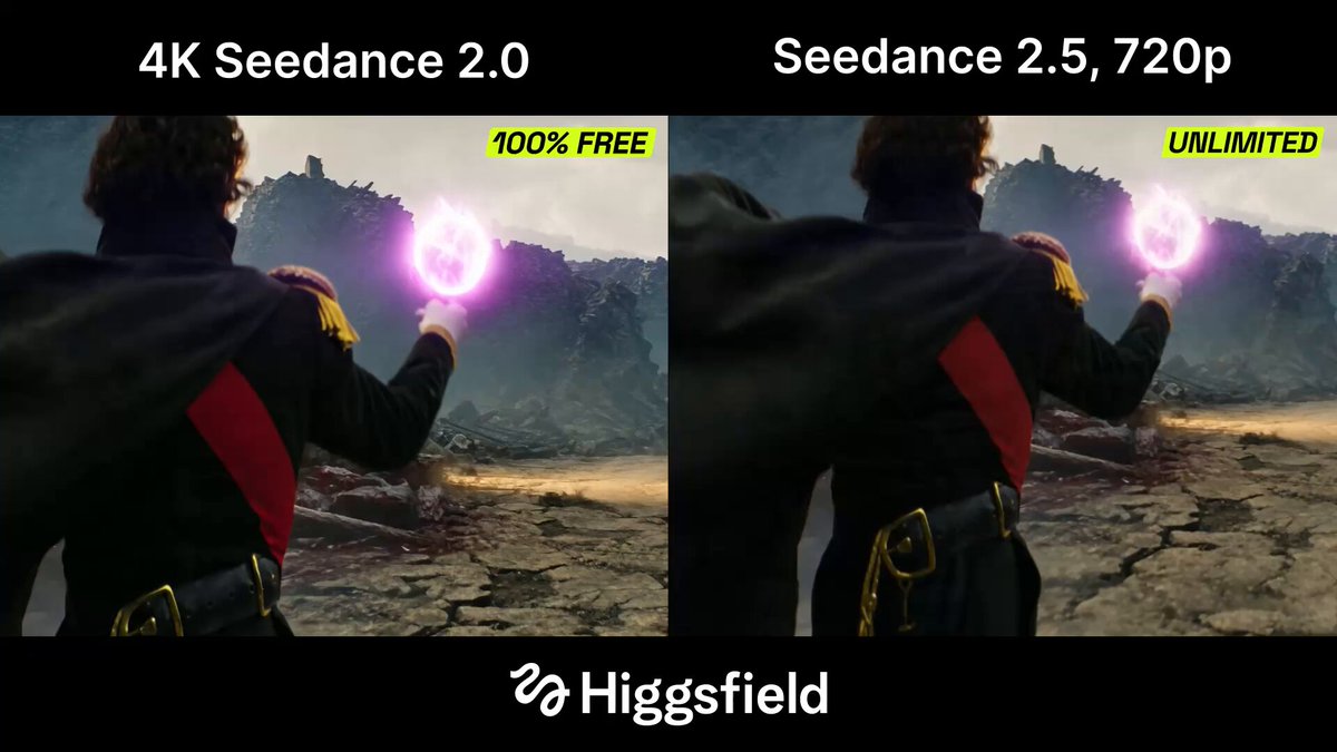 Higgsfield 对比 Seedance 2.0 4K 与 2.5 720p 的龙战画面