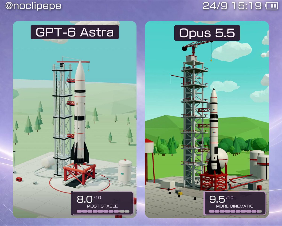 Opus 5.5 vs GPT-6 Astra on the same rocket launch prompt
