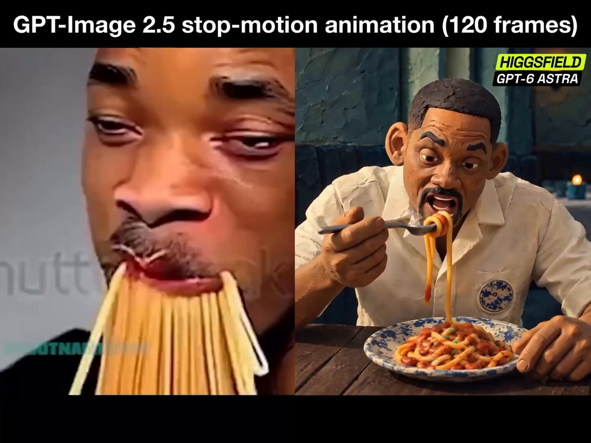 GPT Image 2.5 makes a stop-motion Will Smith spaghetti clip