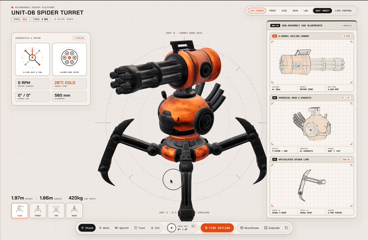 Gemini 4 Argon turns one concept image into a rigged 3D spider turret