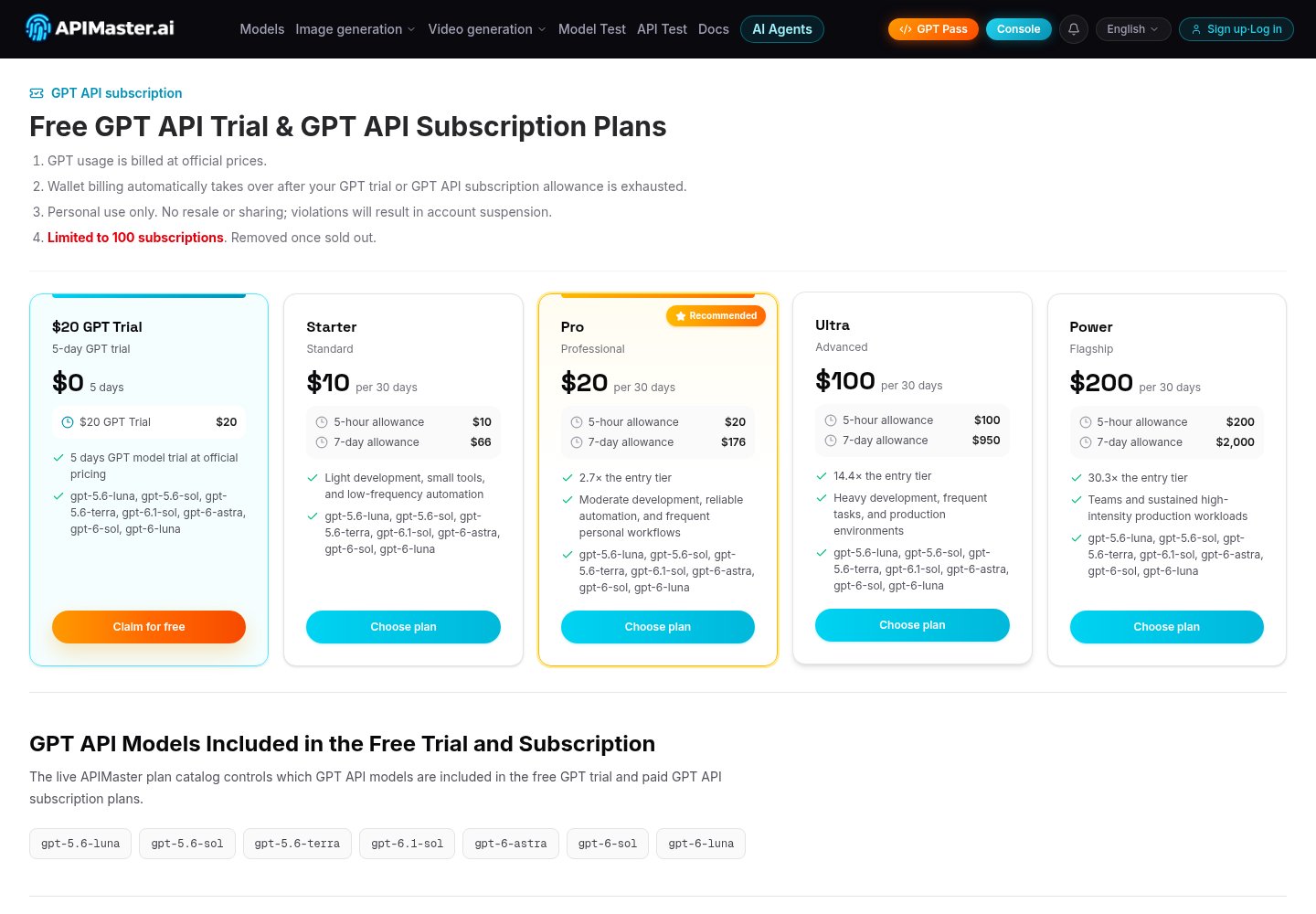 apimaster 新用户送 $20 额度，可跑 GPT-6.1 Sol 与 Astra