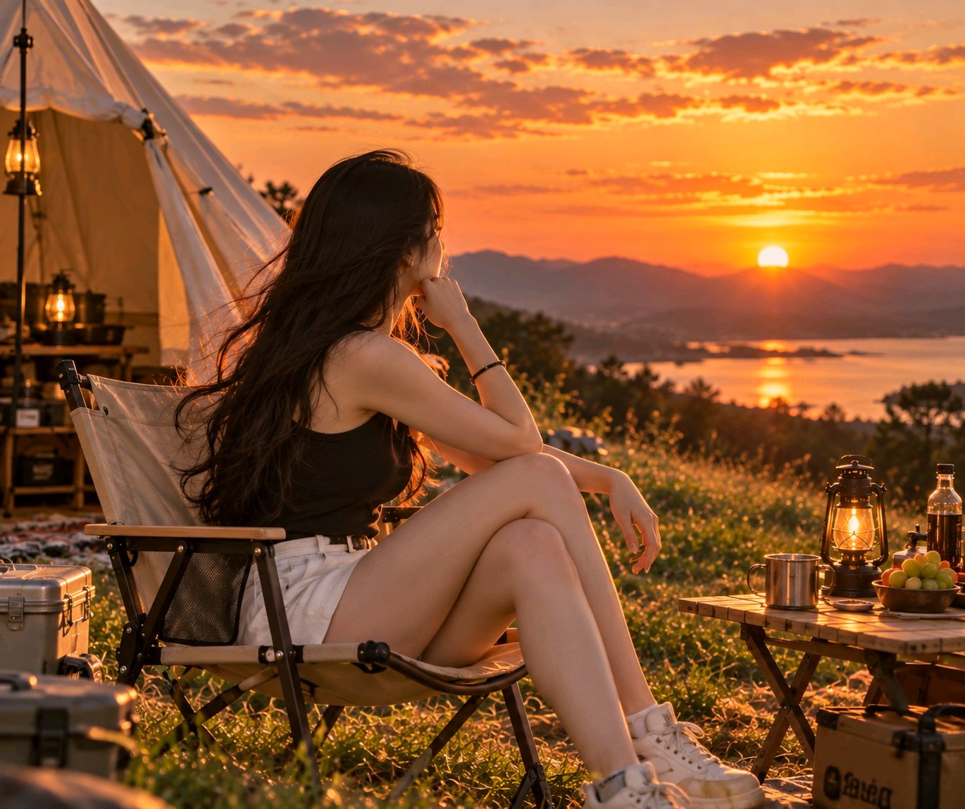 GPT Image 2.5 camping sunset prompt: change the outfit, change the mood