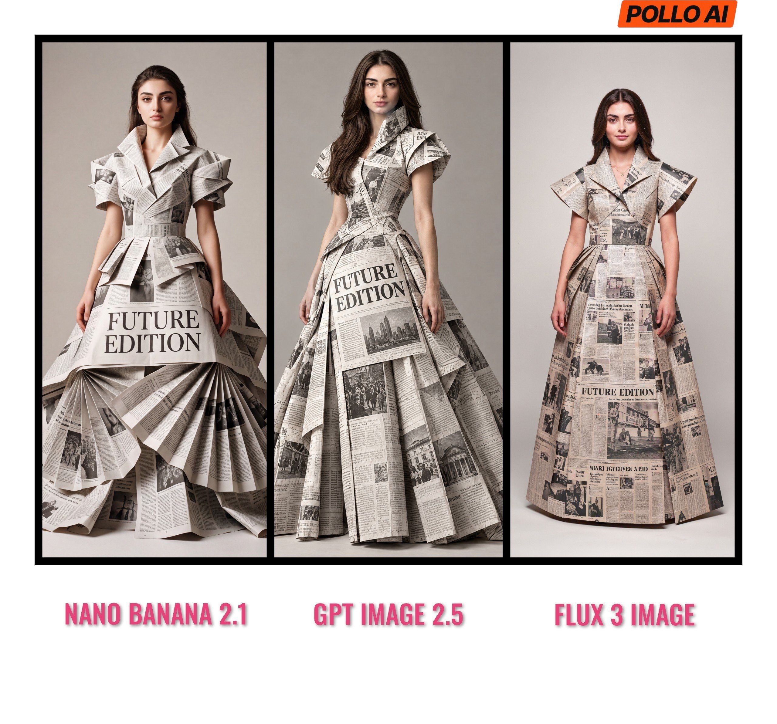Newspaper dress test compares Nano Banana 2.1, GPT Image 2.5 and FLUX 3