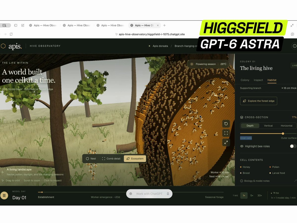 GPT-6 Astra 与 Higgsfield 搭建可交互蜂巢模拟