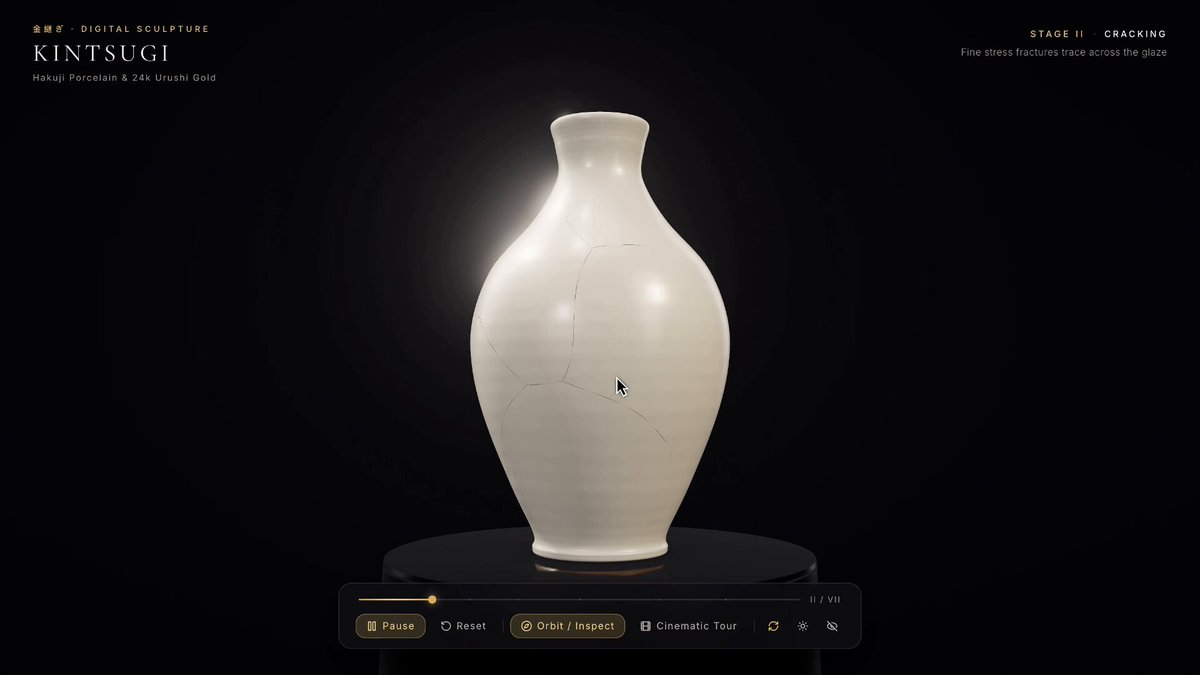 Gemini 4 Carbon 生成金缮花瓶破碎重组 3D 动画