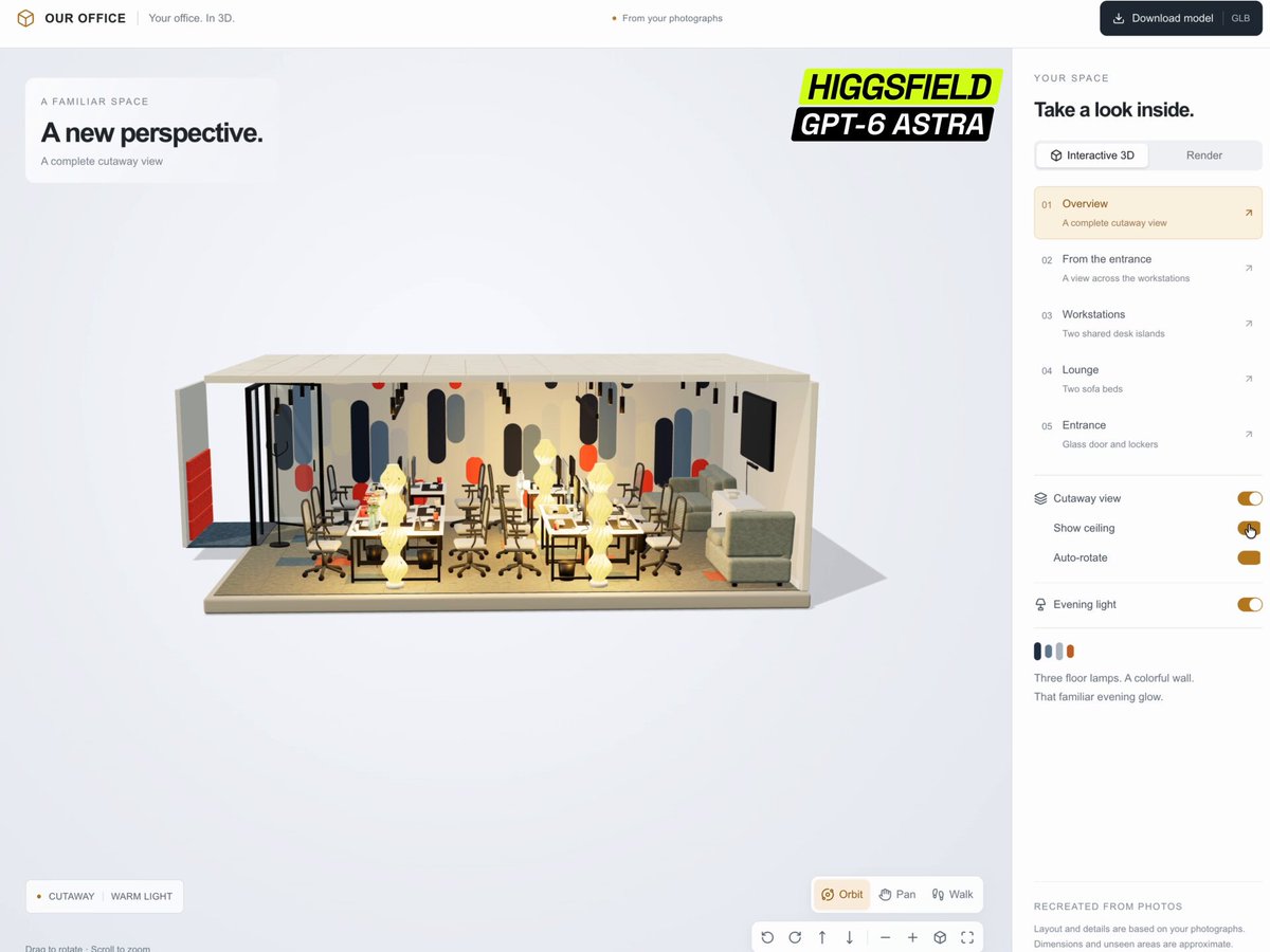 Higgsfield 官方演示：GPT-6 Astra 用几张照片在 Blender 里重建办公室