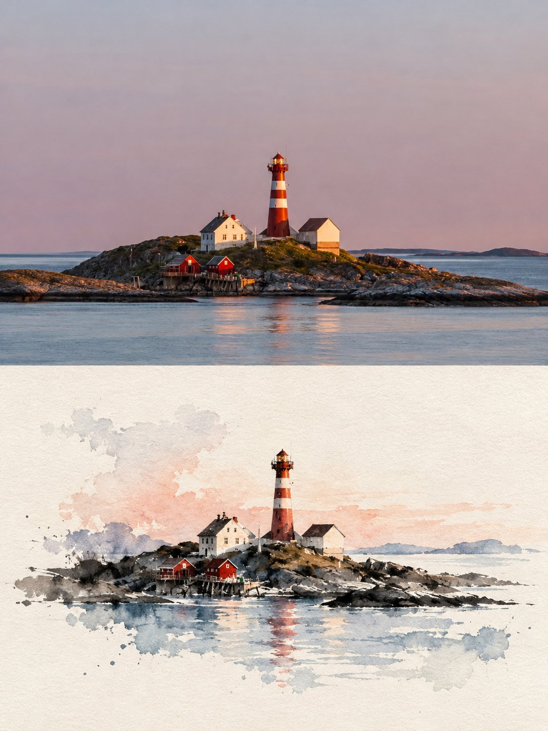 GPT Image 2.5 prompt splits an image: photo on top, minimalist ink wash below (image 3 of 4)
