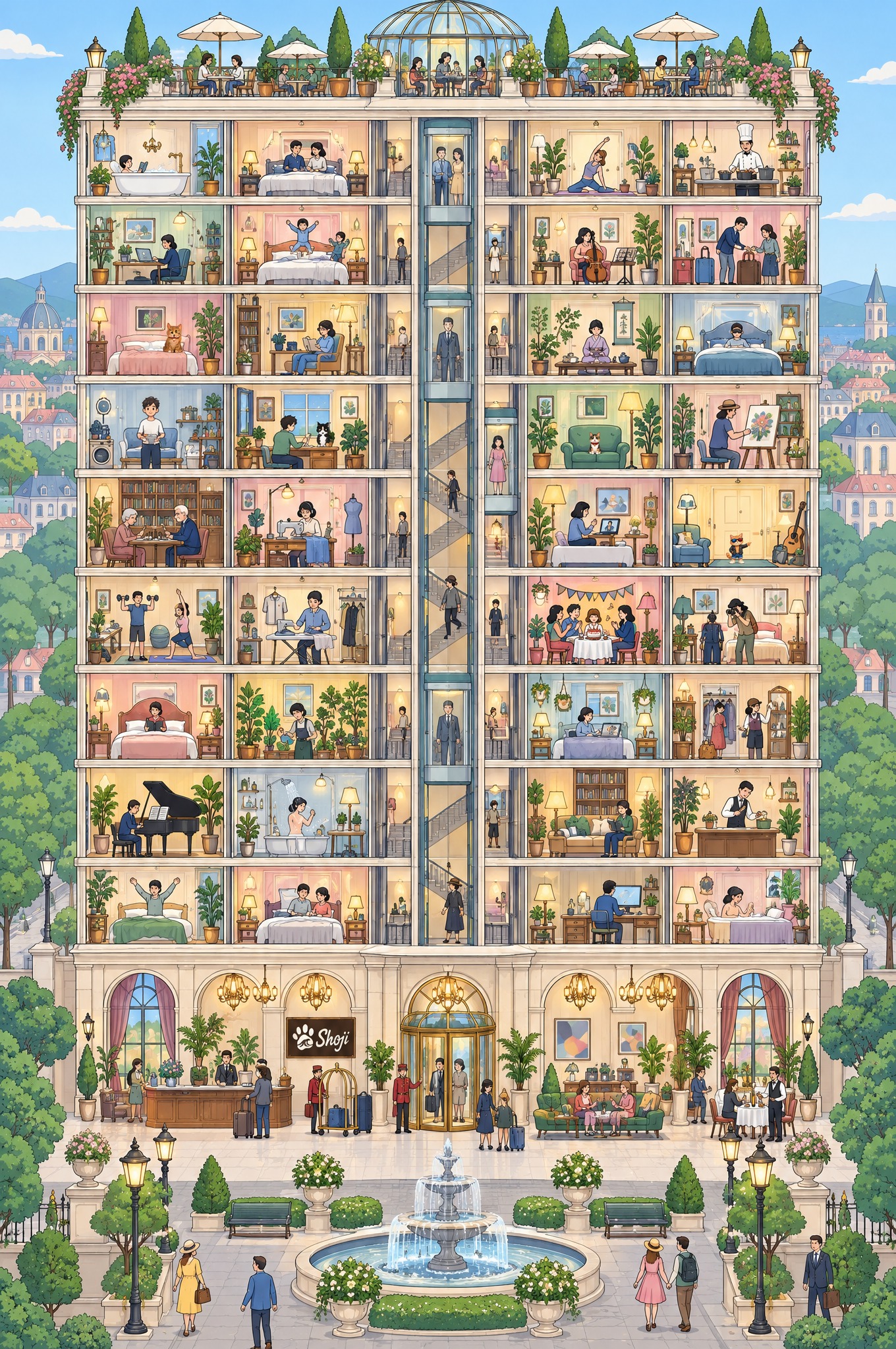 GPT Image 2.5 cutaway hotel with hidden cats to find