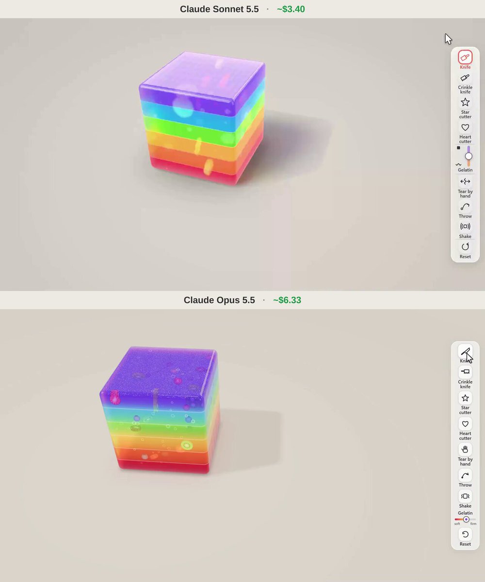 Sonnet 5.5 vs Opus 5.5: slicing a jelly cube
