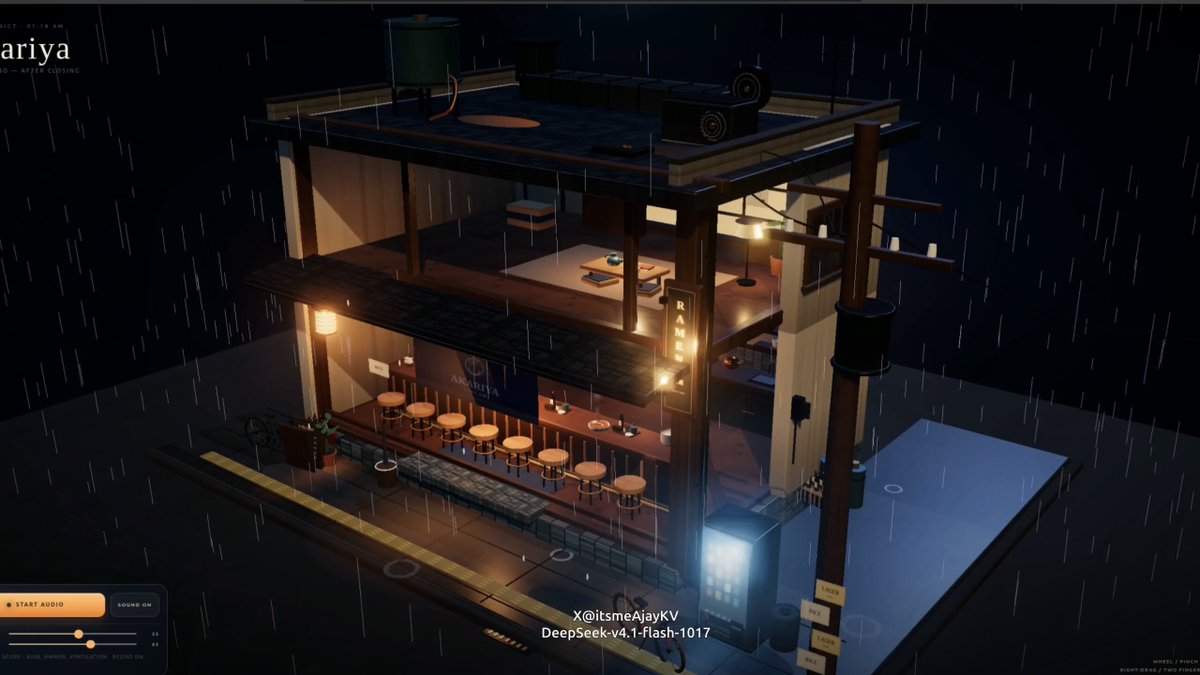 DeepSeek V4.1 Flash 一次生成 Three.js 动漫风场景
