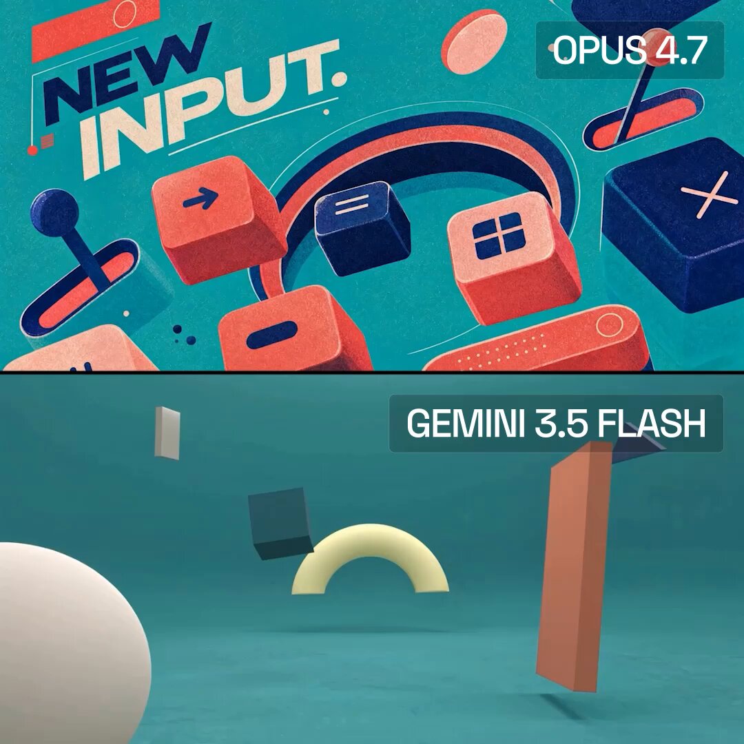 Higgsfield 对比 Opus 4.7 与 Gemini 3.5 Flash 动态设计