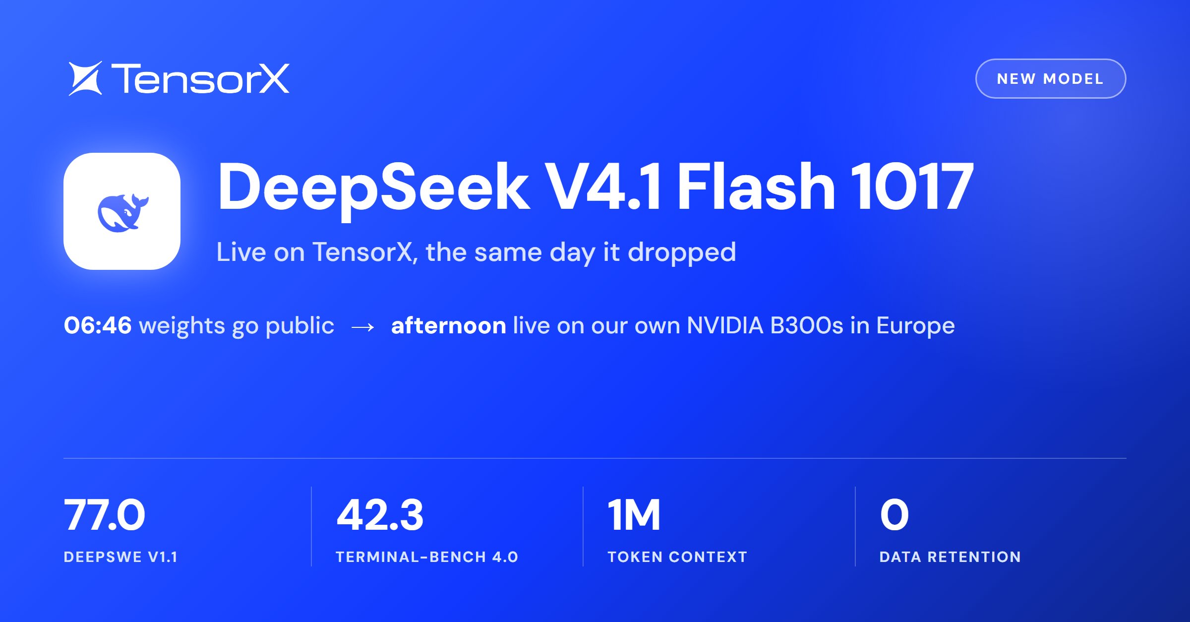 TensorX 欧洲 B300 上线 V4.1 Flash:DeepSWE 77.0 超 Opus 5
