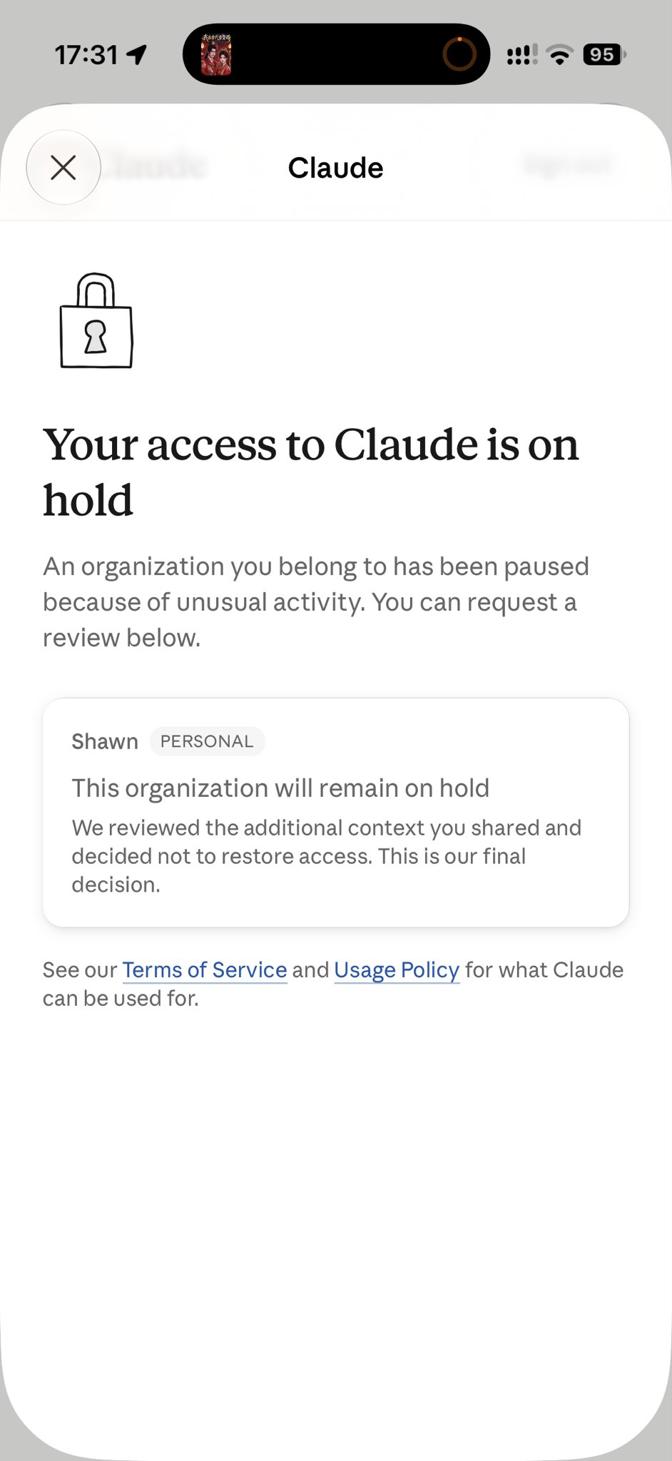 Claude 账号复审后被永久封禁